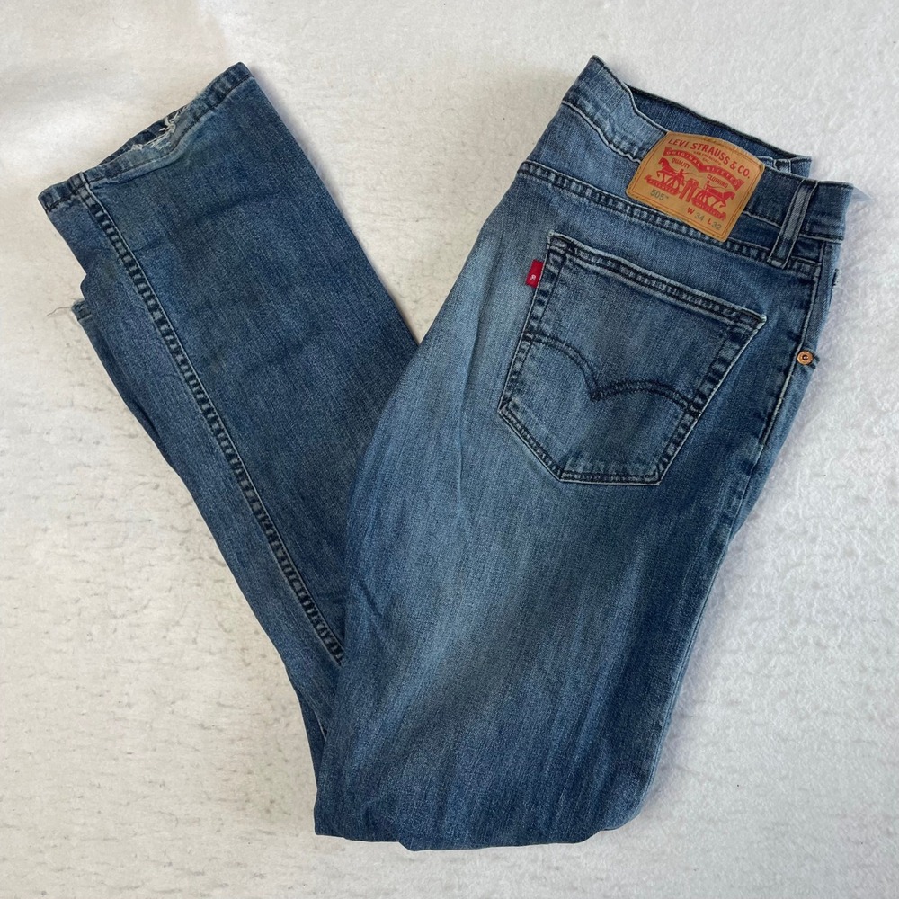 Levi's 505 Regular Fit Jeans Mens 34x32 Blue Denim Straight Leg Distressed Hem